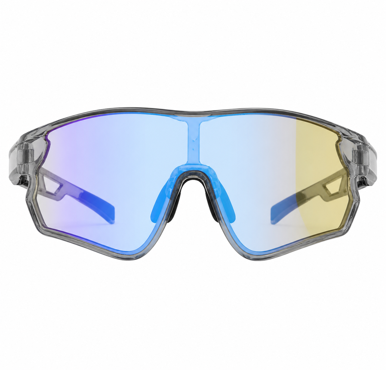 Crystal Grey Frame/Photochromic Blue Mirror Lens Unisex TR Photochromic Wraparound Cycling Glasses, clean front product view