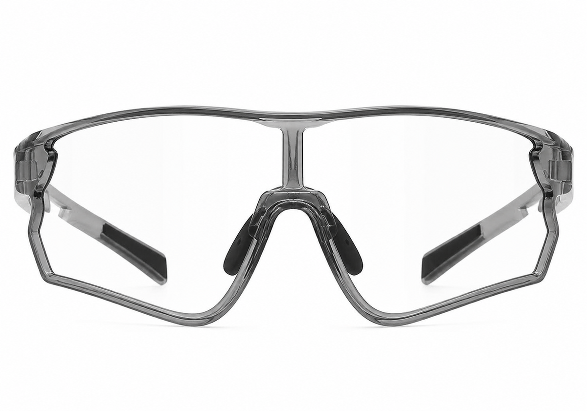 Crystal Grey Frame/Photochromic Grey Lens Unisex TR Photochromic Wraparound Cycling Glasses, clean front product view