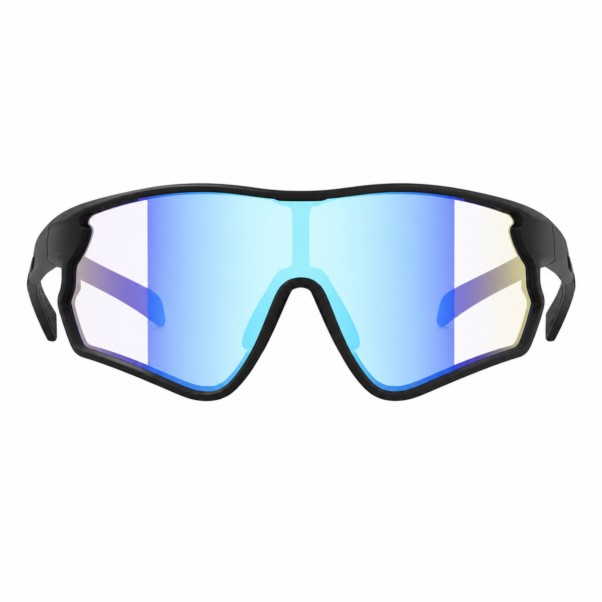 Matte Black Frame/Photochromic Blue Mirror Lens Unisex TR Photochromic Wraparound Cycling Glasses, clean front product view