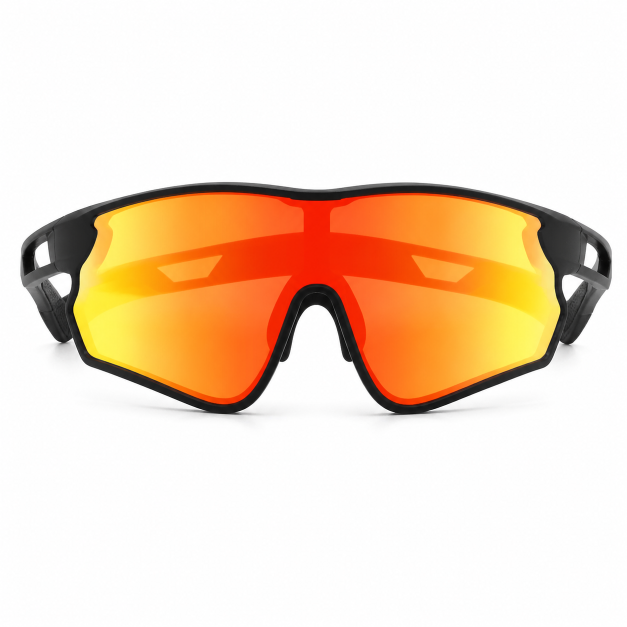 Matte Black Frame/Photochromic Red Mirror Lens Unisex TR Photochromic Wraparound Cycling Glasses, clean front product view