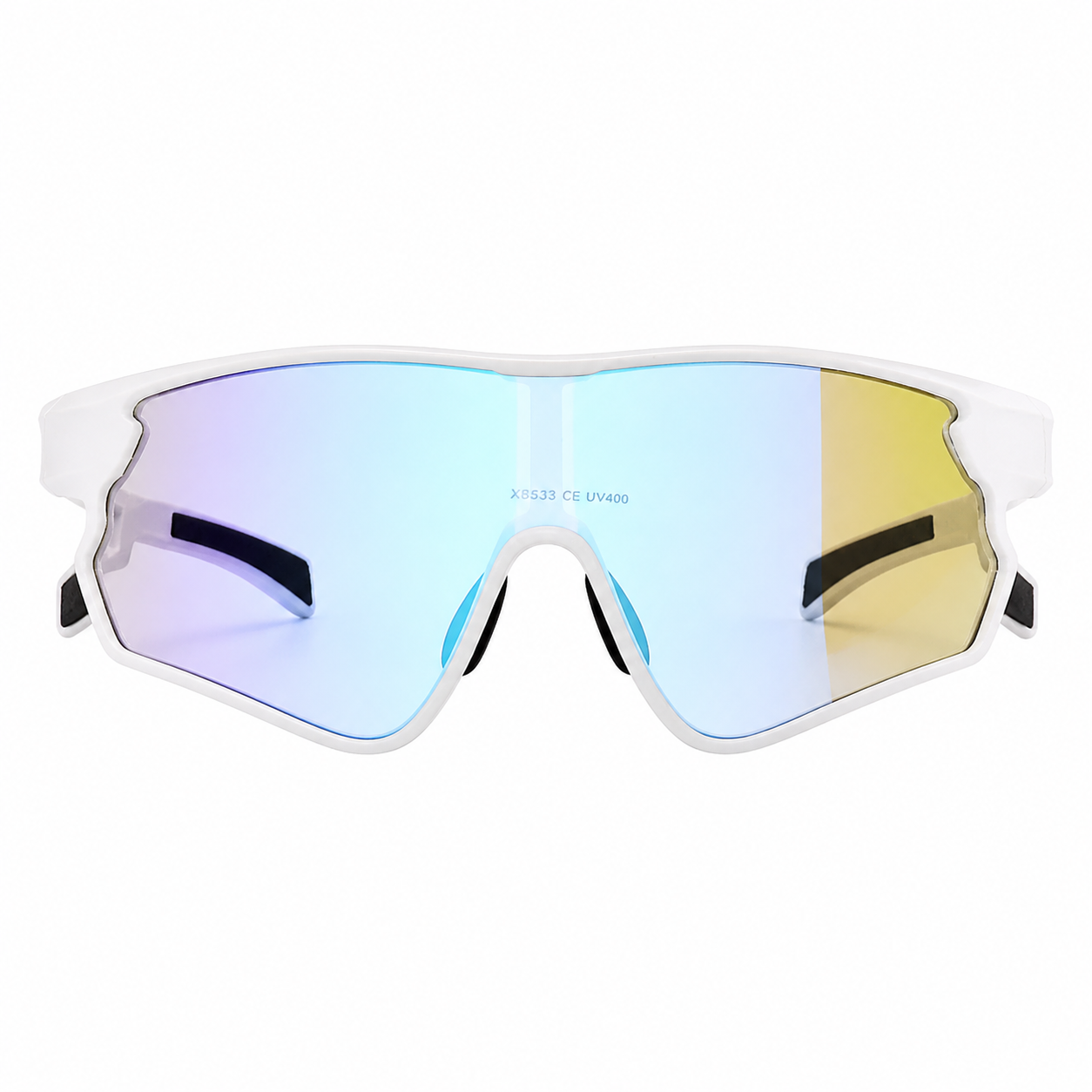 Matte White Frame/Photochromic Blue Mirror Lens Unisex TR Photochromic Wraparound Cycling Glasses, clean front product view
