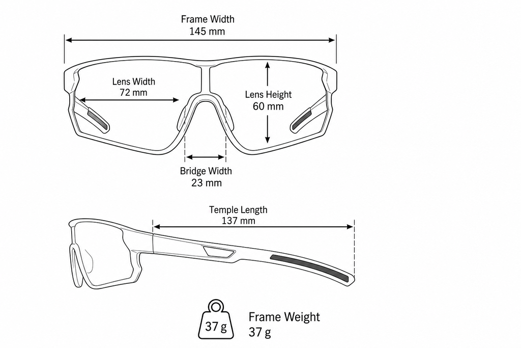 Unisex TR Photochromic Wraparound Cycling Glasses frame measurements and weight guide