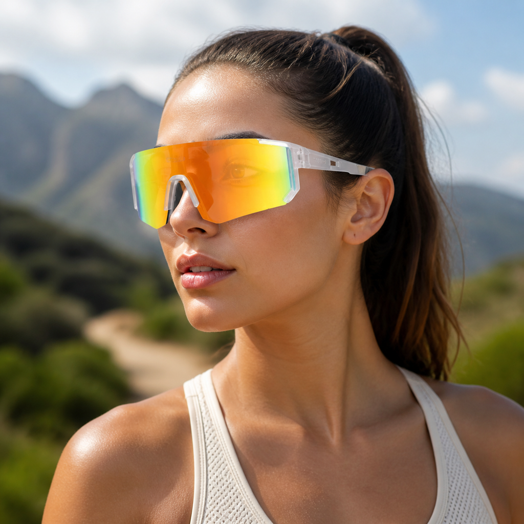 Model wearing Matte Crystal Clear Frame/Red Mirror Lens Wraparound Sports Sunglasses, view 1