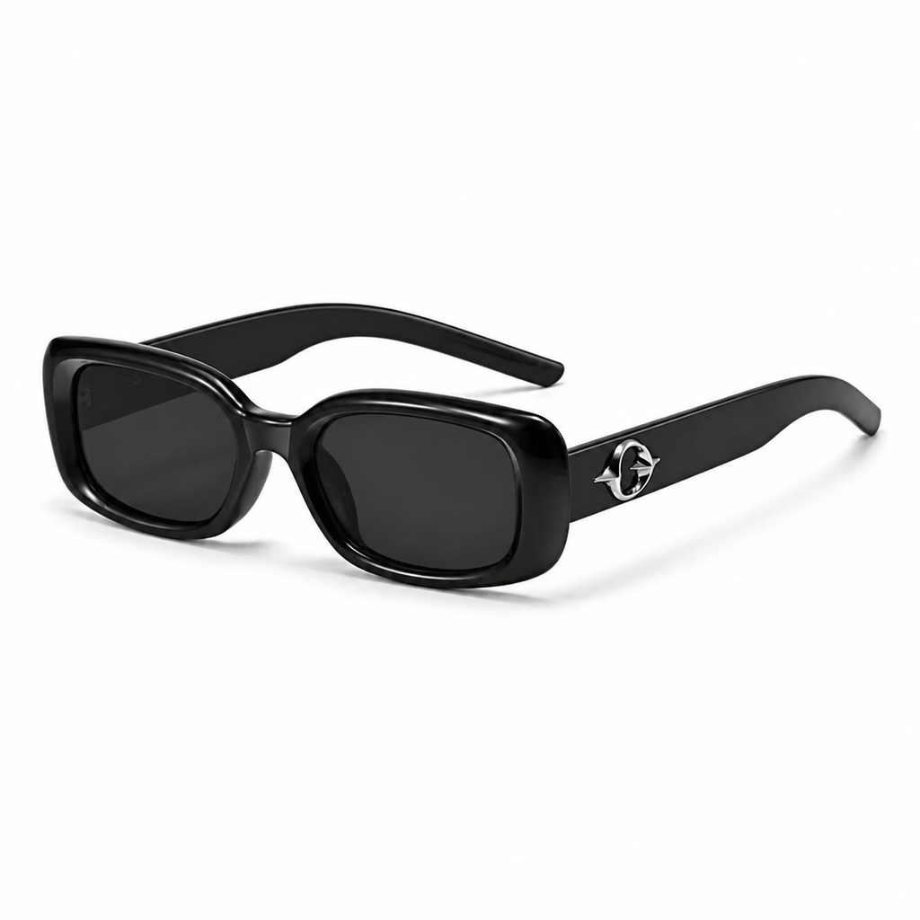 Black Women's Polycarbonate Narrow Rectangle Sunglasses, 45-degree product view