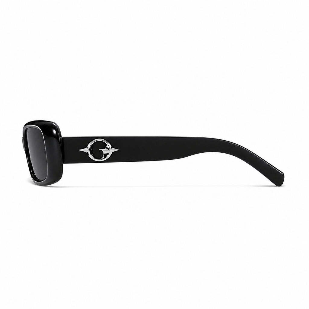 Black Women's Polycarbonate Narrow Rectangle Sunglasses, side temple product view