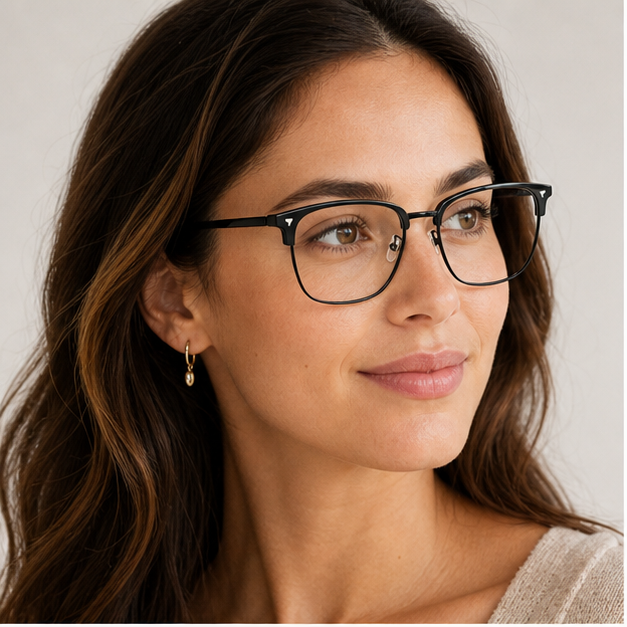 Adult woman wearing Black Vintage Samurai-Inspired Alloy Semi-Rimless Glasses