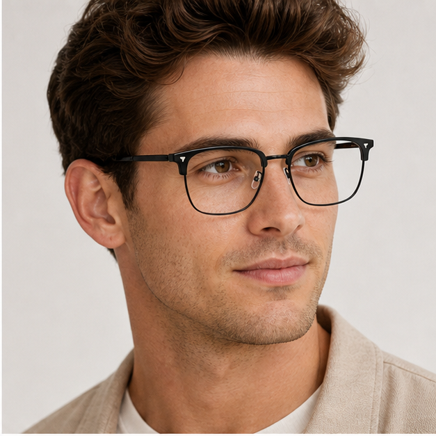Adult man wearing Black Vintage Samurai-Inspired Alloy Semi-Rimless Glasses