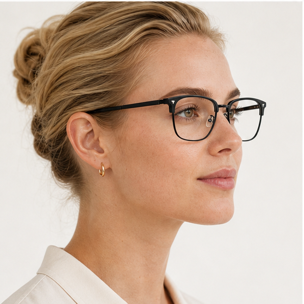 Adult model wearing Black Vintage Samurai-Inspired Alloy Semi-Rimless Glasses