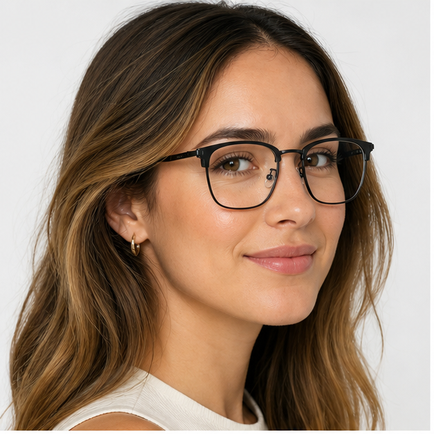 Adult woman wearing Black Oversized Square Titanium Semi-Rimless Glasses