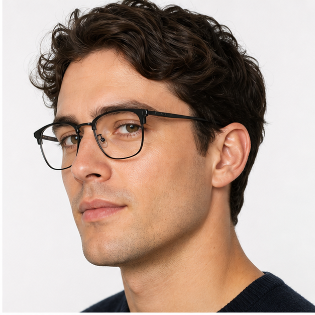 Adult man wearing Black Oversized Square Titanium Semi-Rimless Glasses