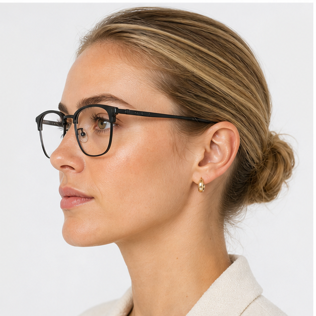 Adult model wearing Black Oversized Square Titanium Semi-Rimless Glasses