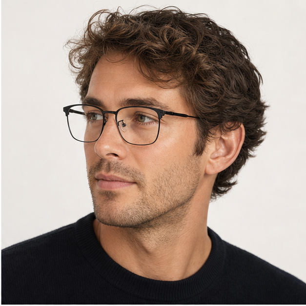 Adult man wearing Matte Black Sophisticated Titanium Alloy Semi-Rimless Glasses