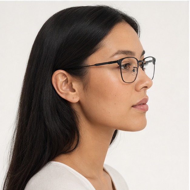 Adult model wearing Matte Black Sophisticated Titanium Alloy Semi-Rimless Glasses