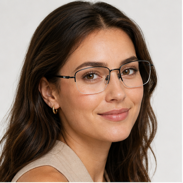 Adult woman wearing Gunmetal Vintage Titanium Semi-Rimless Glasses