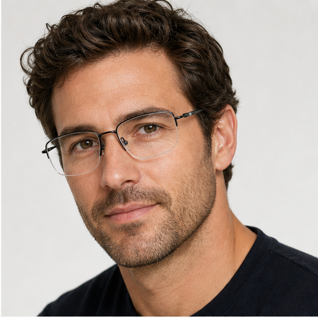 Adult man wearing Gunmetal Vintage Titanium Semi-Rimless Glasses