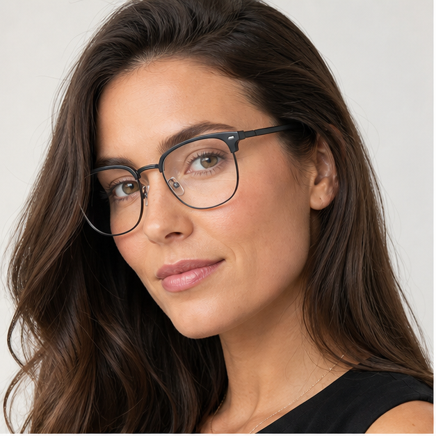 Adult woman wearing Black Modern TR & Alloy Semi-Rimless Glasses