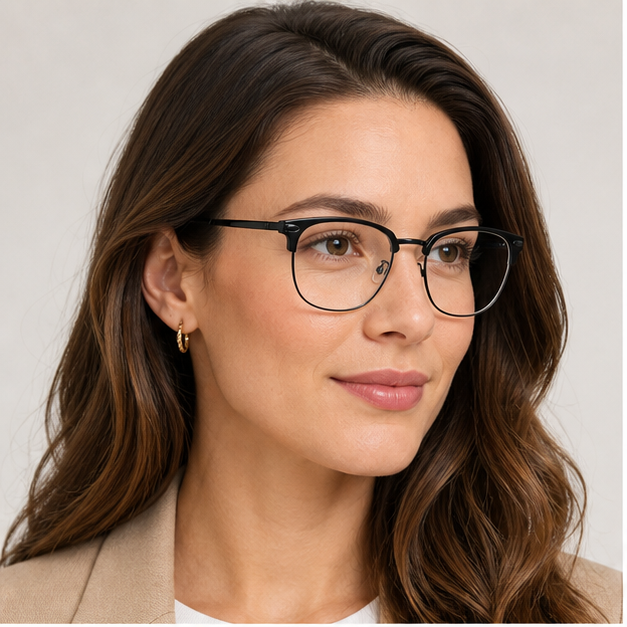 Adult woman wearing Black Sophisticated TR & Alloy Semi-Rimless Glasses