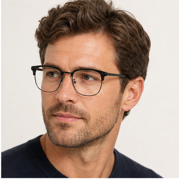 Adult man wearing Black Sophisticated TR & Alloy Semi-Rimless Glasses