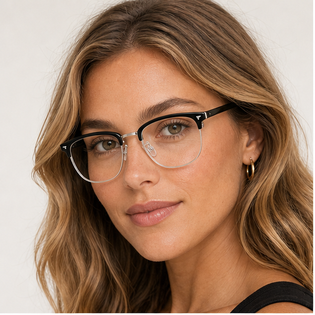 Adult woman wearing Black/Silver Contemporary TR & Alloy Semi-Rimless Glasses