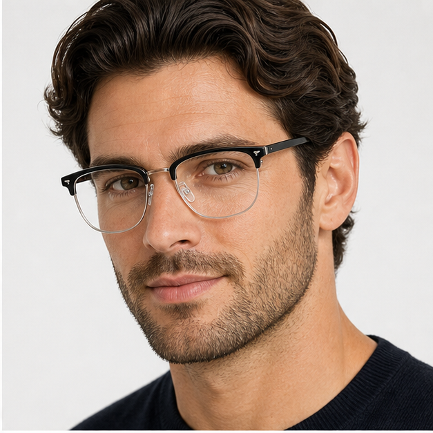 Adult man wearing Black/Silver Contemporary TR & Alloy Semi-Rimless Glasses