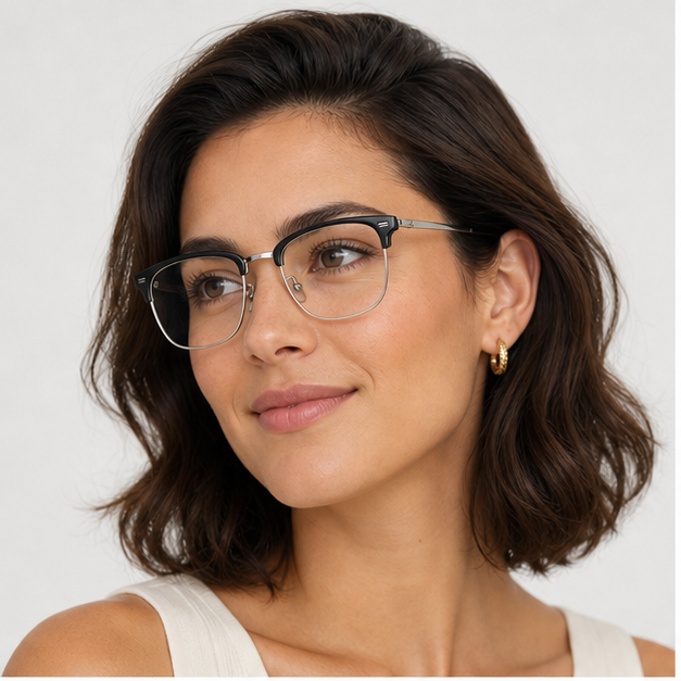 Adult woman wearing Black/Silver Minimalist TR & Titanium Semi-Rimless Glasses
