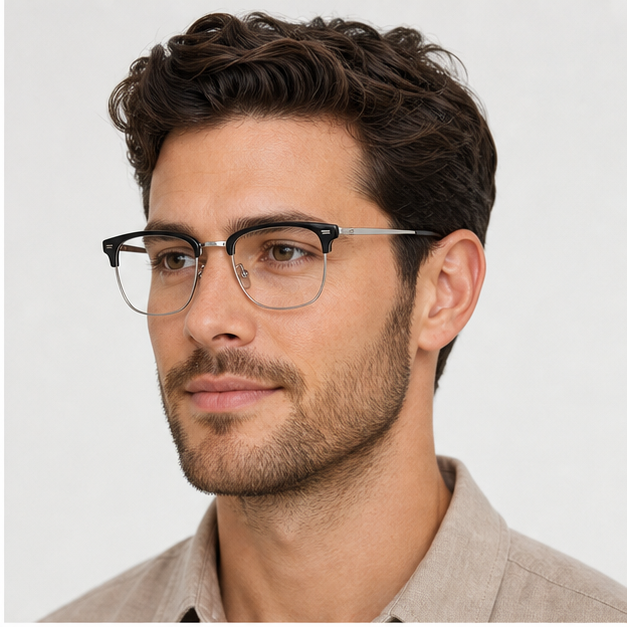 Adult man wearing Black/Silver Minimalist TR & Titanium Semi-Rimless Glasses