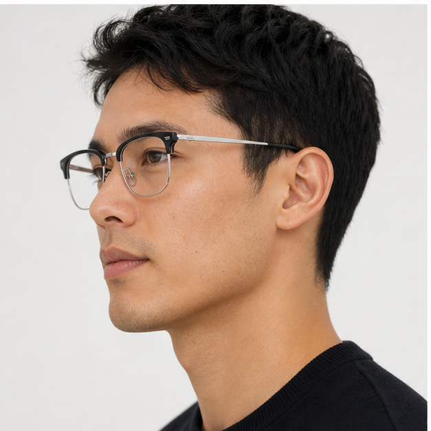Adult model wearing Black/Silver Minimalist TR & Titanium Semi-Rimless Glasses