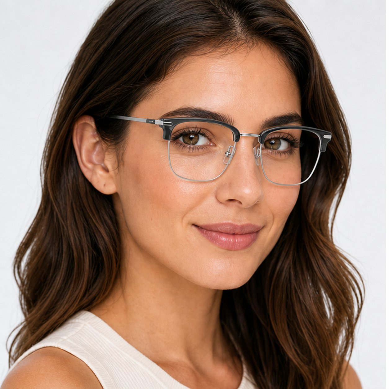 Adult woman wearing Black Round-Square Titanium Semi-Rimless Glasses