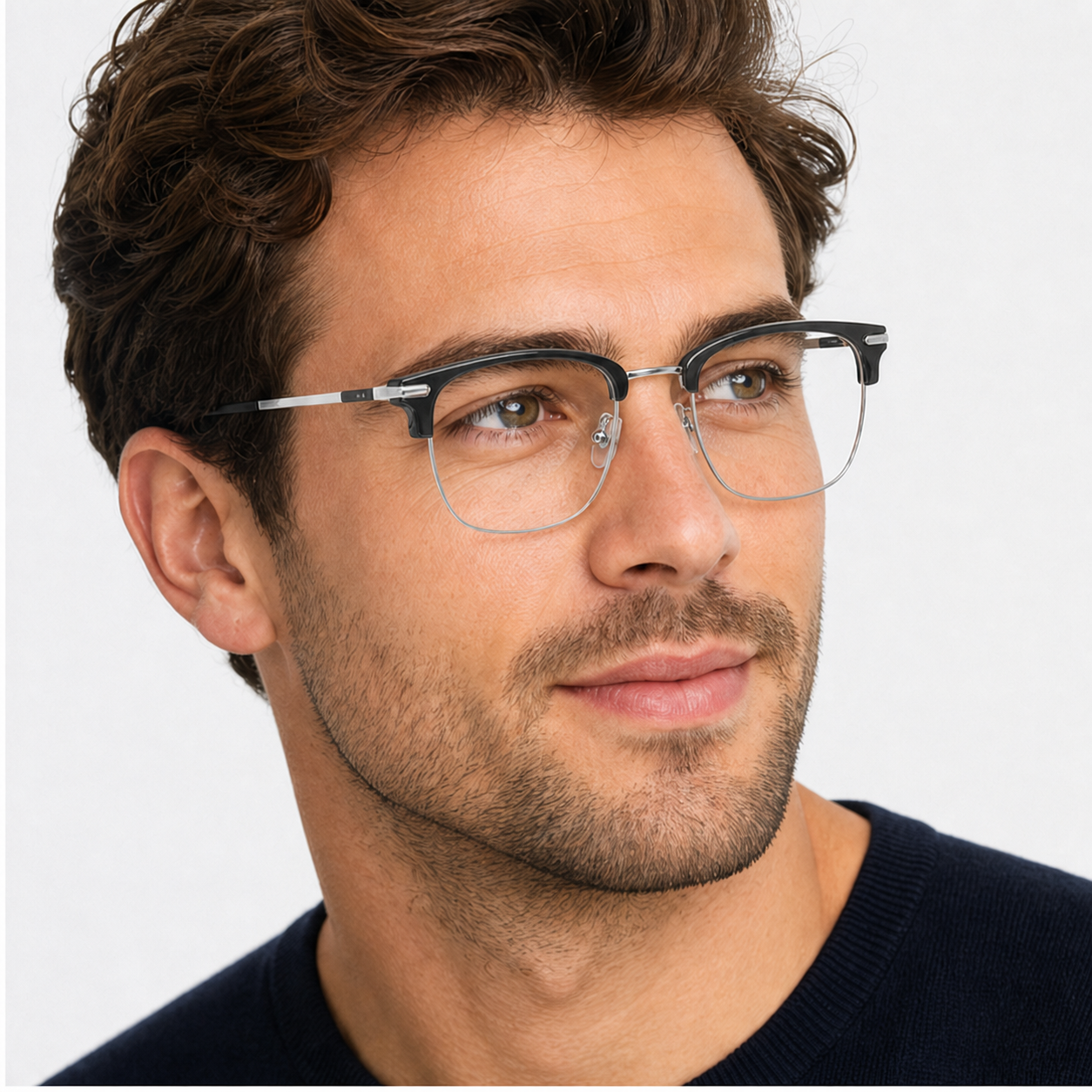 Adult man wearing Black Round-Square Titanium Semi-Rimless Glasses