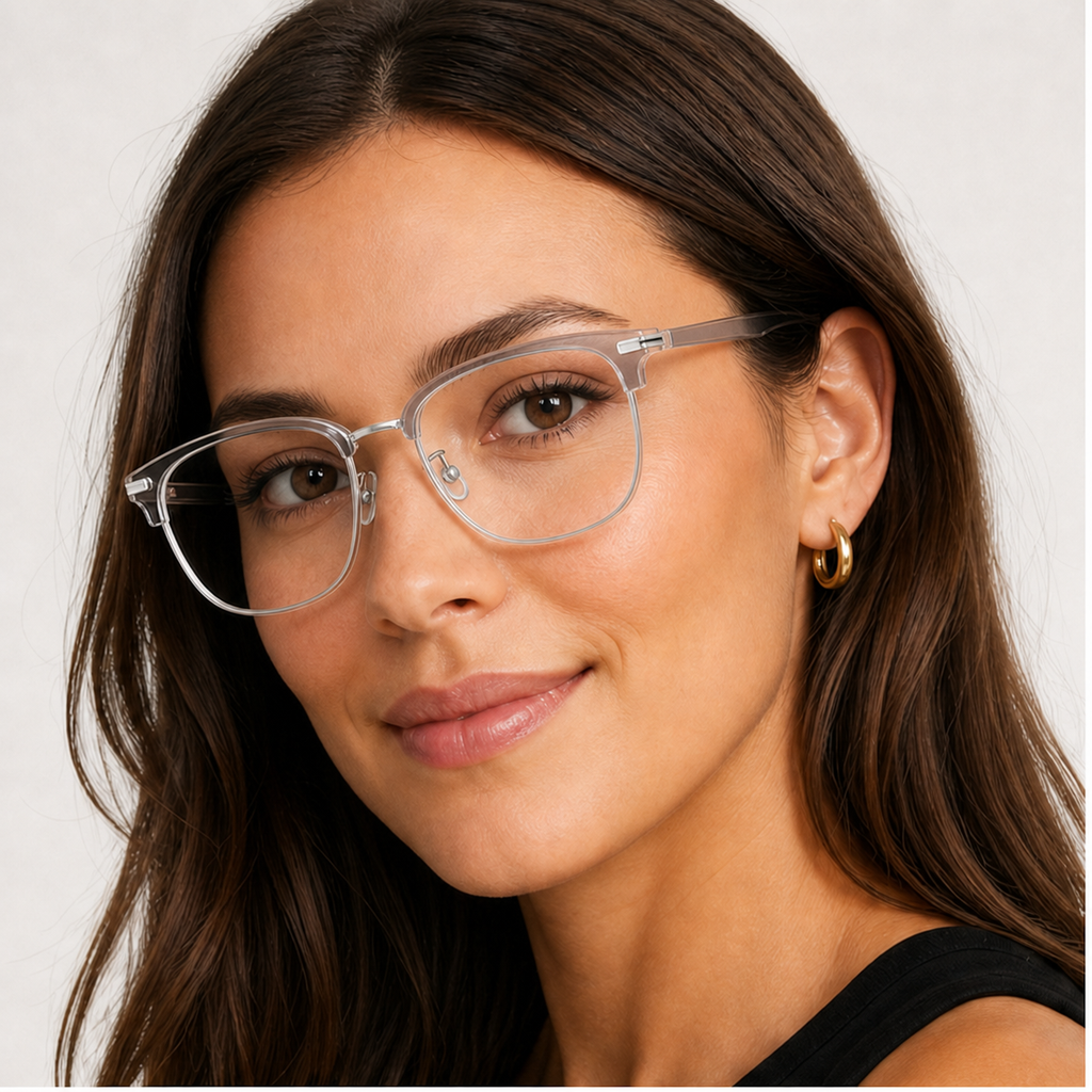 Adult woman wearing Black/Silver Vintage Artistic TR & Alloy Semi-Rimless Glasses