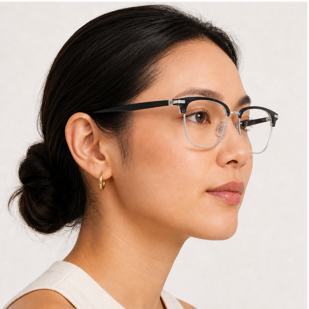 Adult model wearing Black/Silver Vintage Artistic TR & Alloy Semi-Rimless Glasses