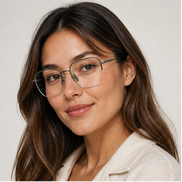 Adult woman wearing Black Minimalist Pure Titanium Semi-Rimless Glasses