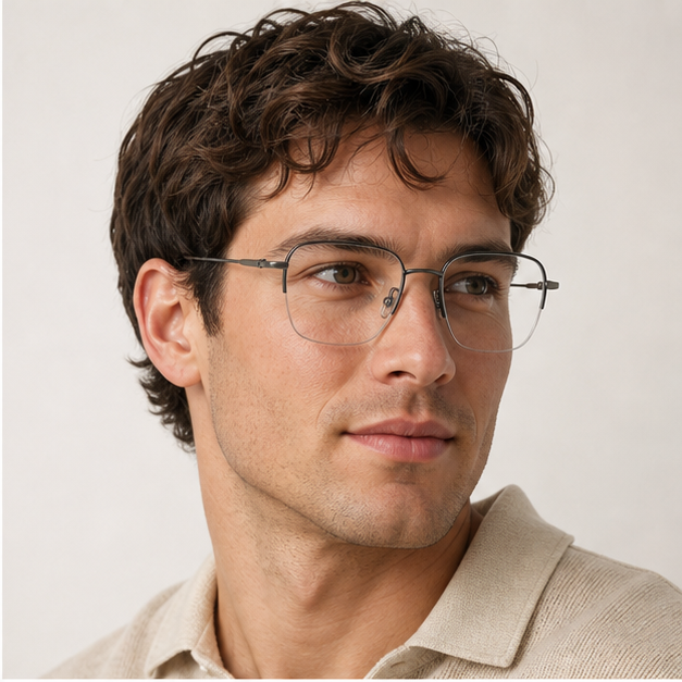 Adult man wearing Black Minimalist Pure Titanium Semi-Rimless Glasses