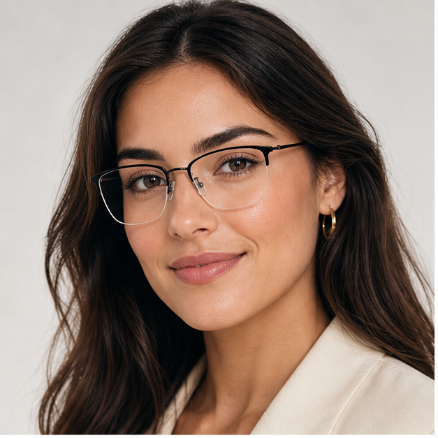 Adult woman wearing Black Casual Beta Titanium Semi-Rimless Glasses