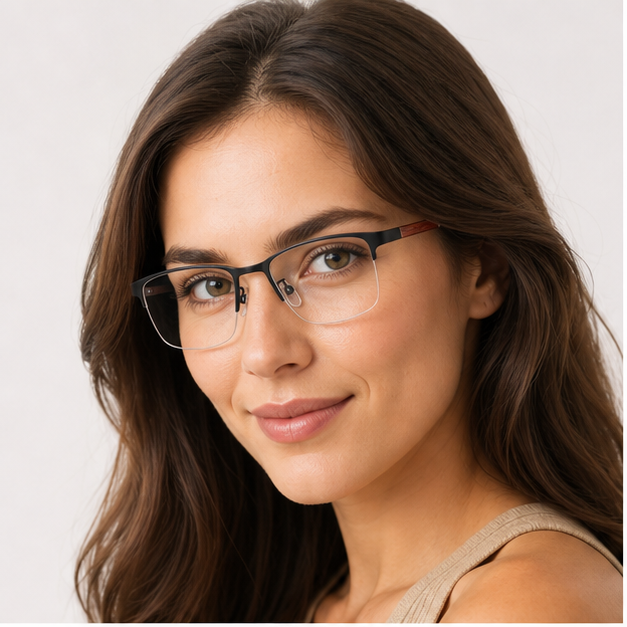 Adult woman wearing Black Comfort Pure Titanium Semi-Rimless Glasses