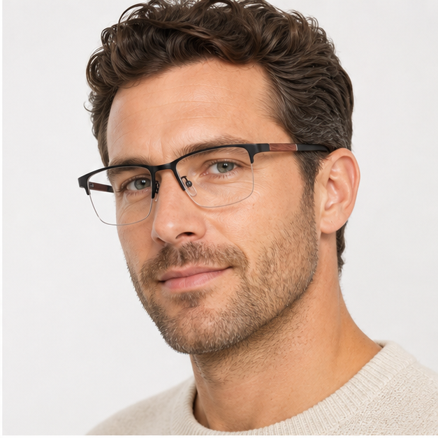 Adult man wearing Black Comfort Pure Titanium Semi-Rimless Glasses