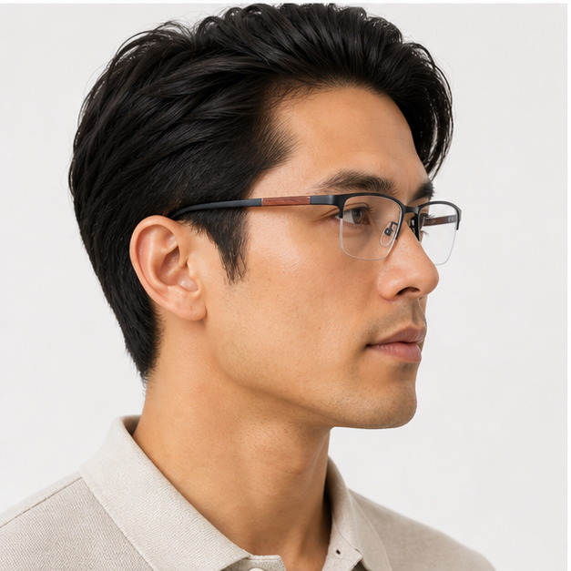 Adult model wearing Black Comfort Pure Titanium Semi-Rimless Glasses
