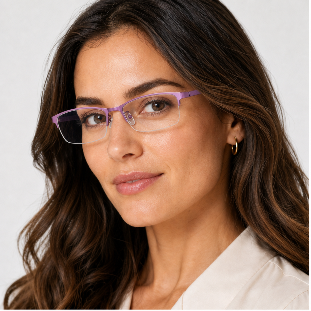 Pink semi-rimless eyeglass frame worn by an adult White woman, three-quarter portrait