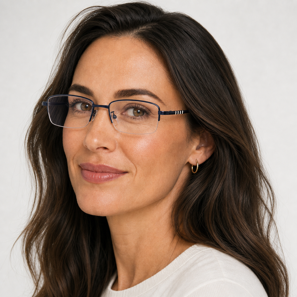 Adult woman wearing Matte Black Minimalist Narrow Alloy Semi-Rimless Glasses