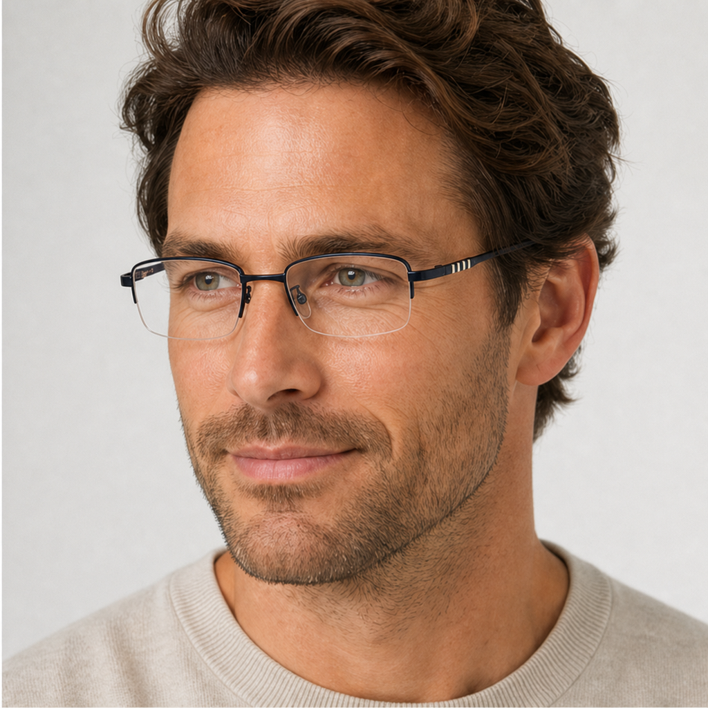 Adult man wearing Matte Black Minimalist Narrow Alloy Semi-Rimless Glasses