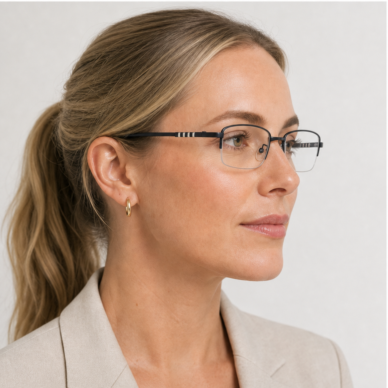 Adult model wearing Matte Black Minimalist Narrow Alloy Semi-Rimless Glasses
