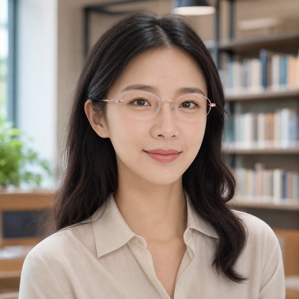 Pink semi-rimless glasses worn by an adult East Asian woman in a library