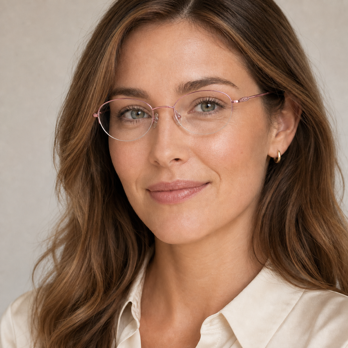 Pink semi-rimless glasses worn by an adult White woman in studio