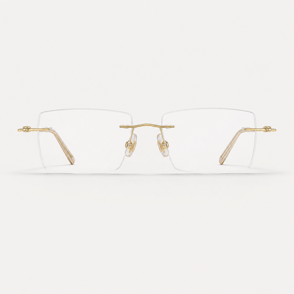 Gold pure titanium rimless slim rectangular eyeglasses, straight-on product view