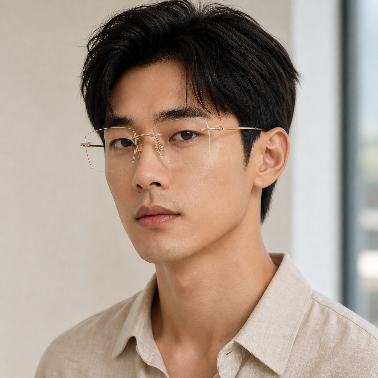Gold pure titanium rimless slim rectangular eyeglasses, three-quarter adult model fit