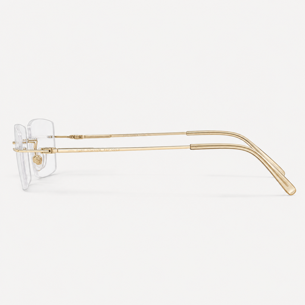Gold pure titanium rimless slim rectangular eyeglasses, side-profile product view
