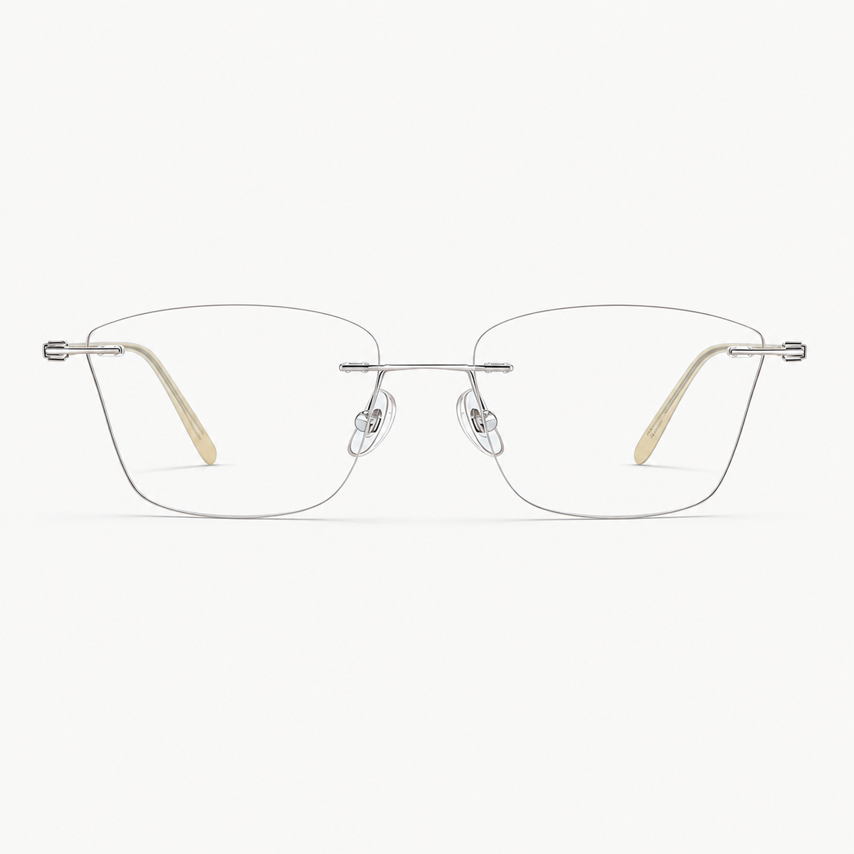 Silver pure titanium rimless geometric eyeglasses, straight-on product view