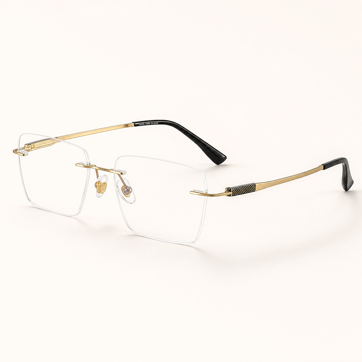 Gold titanium rimless slim rectangular eyeglasses, 45-degree product view