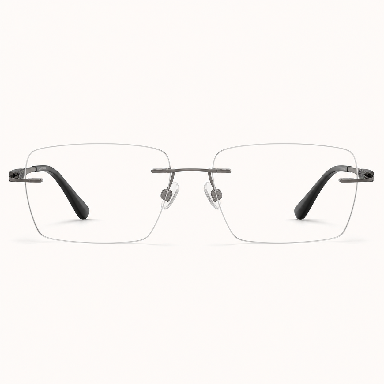 Gunmetal titanium rimless slim rectangular eyeglasses, straight-on product view