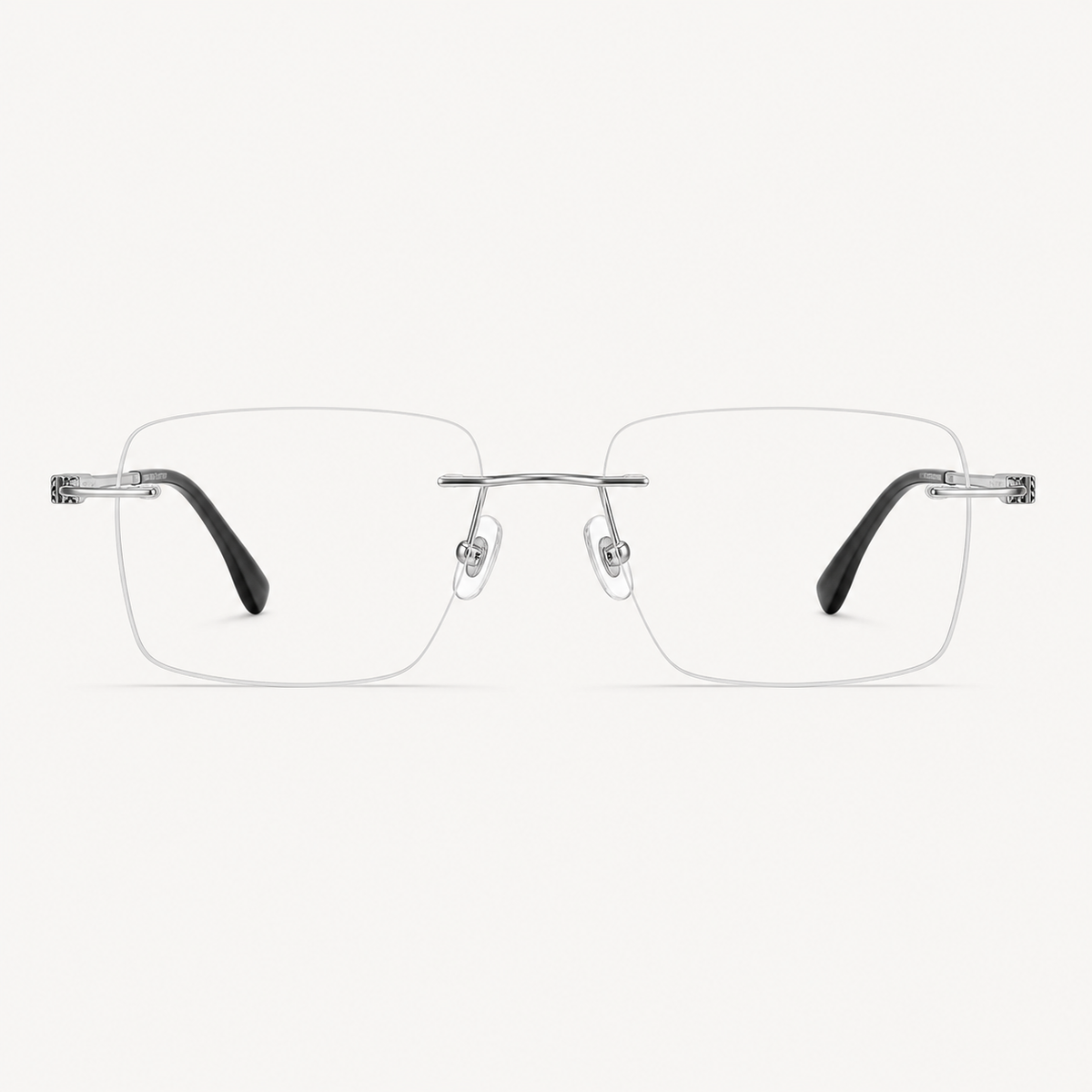 Silver titanium rimless slim rectangular eyeglasses, straight-on product view